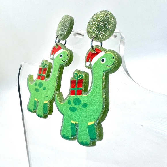 Christmas Dino Earrings - Dinosaur Earrings - Santa Earrings - Holiday Earrings - Picture 5 of 8